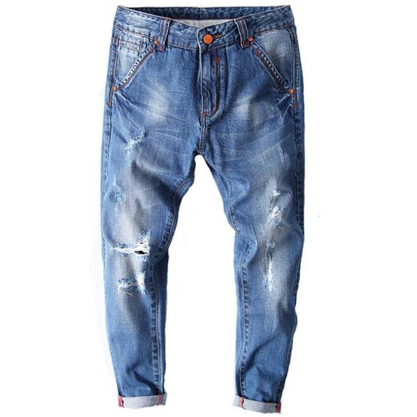 

men's jeans ripped harem man denim trousers ankle-length pants loose baggy holes plus size joggers men clothing suoh, Blue