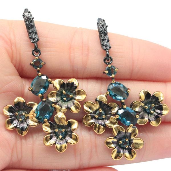 

dangle & chandelier 52x31mm unique gothic handmade carved vinitage flowers created london blue z green peridot cool black gold silver ea