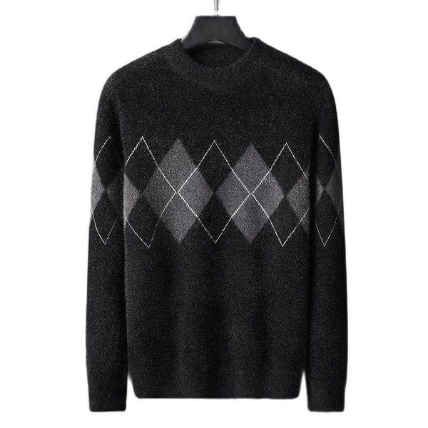 

men's vests warm mink cashmere sweater men winter diamond plaid round neck pullover jumper soft thick pull homme fashion mens sweaters, Black;white