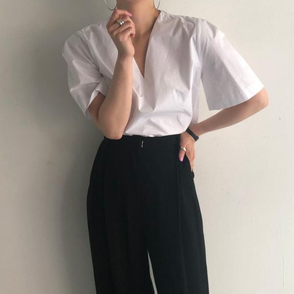 

women's blouses & shirts 2021 summer women fashion casual short sleeve korean vintage solid high street deep v-neck chic top, White