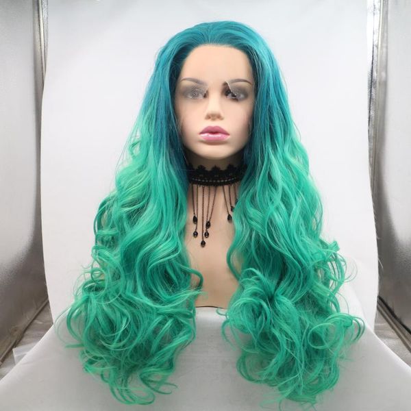

synthetic wigs baicheng ombre light green wave straight lace front wig dark for black women with baby hair middle part