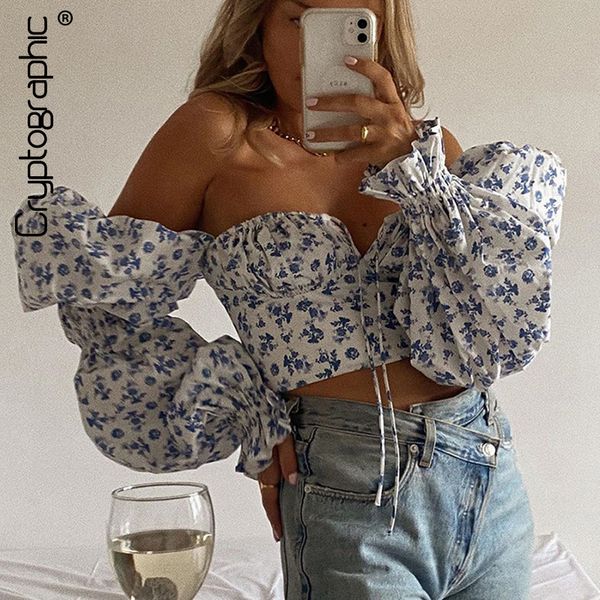 

cryptographic blue floral print tie front and blouses shirts square collar puff sleeve elegant vintage shirt chic, Black;white