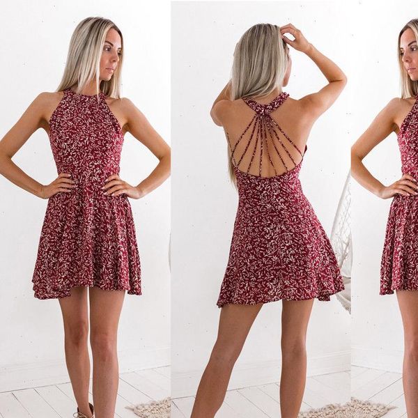 

boho beach summer holiday tumblr womens dresses sundress halter floral mini slim sleeveless vestido playa, Black;gray