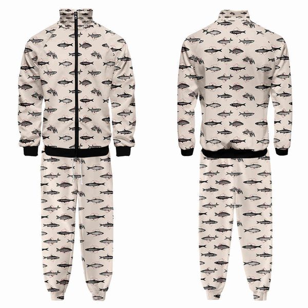 

the fine fleece hoodies 2021 men's fish flower digital printing standing collar zipper sweater set, Black