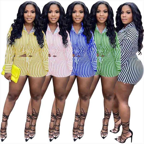 

autumn women striped two piece set shirt and short pants tracksuit streetwear clothes for women outfit, Gray