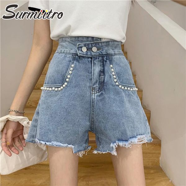 

women's shorts surmiitro 2021 summer fashion blue denim women korean style beading high waist jeans female wide leg short pants, White;black