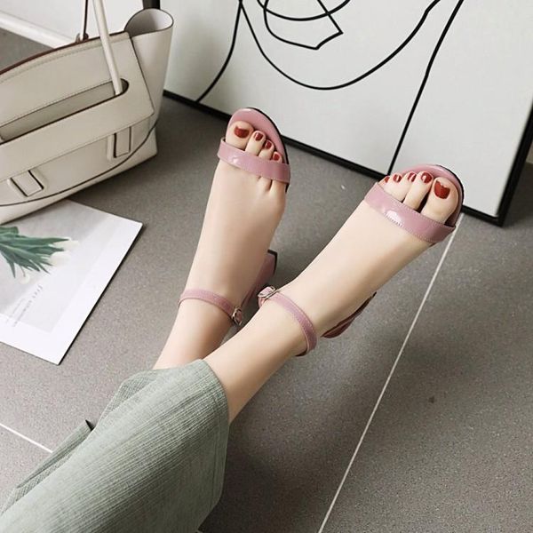

casual middle heel sandals candy colored patent leather open toe thick large 45 46 47 48 49 50, Black