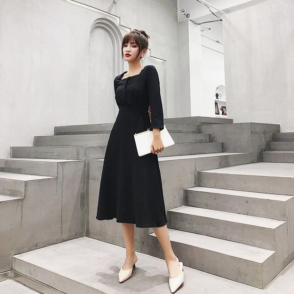 

casual dresses women one piece dress autumn 2021 office lady korea style fashion long sleeve solid square collar high waist, Black;gray