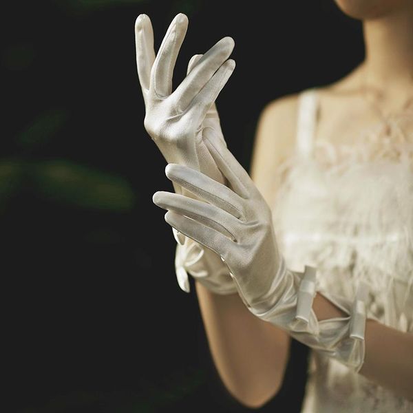 

five fingers gloves women' elegant small bow white satin glove female spring summer vintage hollow out sunscreen driving r763, Blue;gray