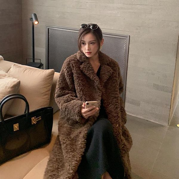 

women's fur & faux gagazhang winter teddy coat loose medium length over knee lamb wool female, Black