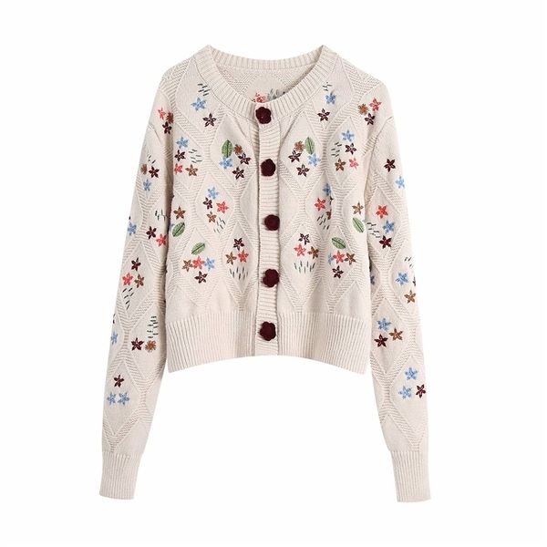 

elegant women floral embroidery sweaters fashion ladies knitted streetwear female chic o-neck button cardigan 210427, White