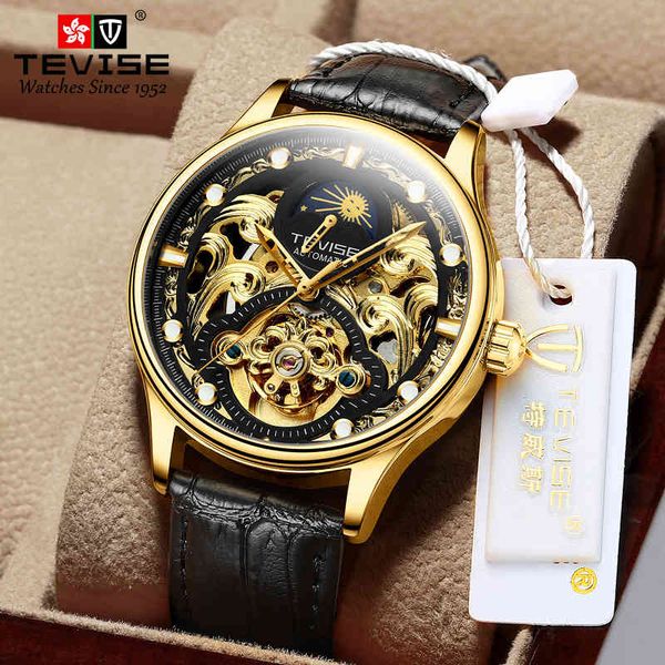 

tevise 2021 mark man watches hollow waterproof business casual belt men automatic mechanical for relogio masculino, Slivery;brown
