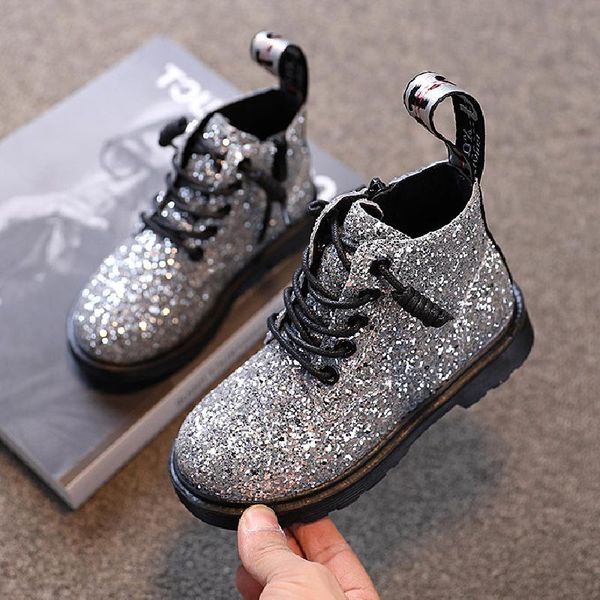 Stivali da equitazione per bambini 2021 Primavera Autunno Caviglia Moda Bambini Ragazze Scarpe casual Pelle glitterata brillante di alta qualità