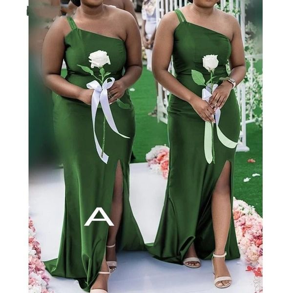 Basit Yeşil Mermaid Nedime Elbiseleri Bir Omuz Sevgiliye Yan Bölünmüş Sweep Tren Bahçe Ülke Düğün Konuk Partisi Törenlerinde Onur Elbise Hizmetçi