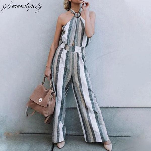 

women's jumpsuits & rompers striped halter backless cotton women summer elegant lace up sleeveless long overalls casual playsuit, Black;white