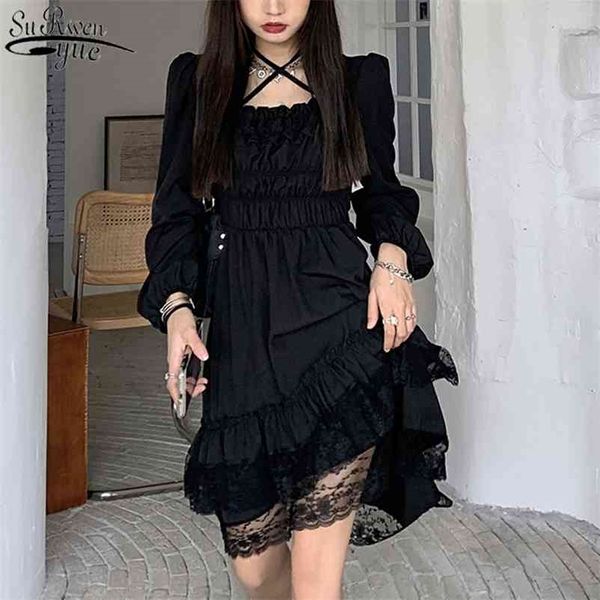 Summer Black Party Dress Women Irregular Japan Style Kawaii Gothic Female Lace Ruffles Manicotto a sbuffo es 13244 210510