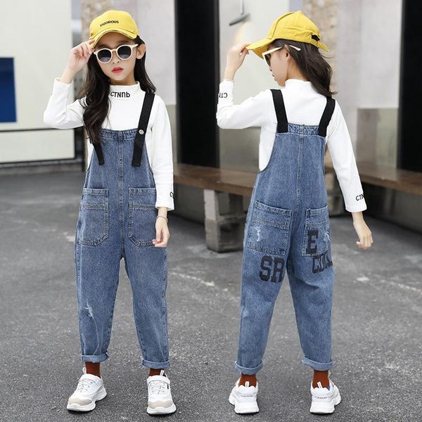 

jumpsuits denim girls overalls jumpsuit jeans for kids 6-16 year fashion pocket casual teen girl overall pants children clothing, Blue
