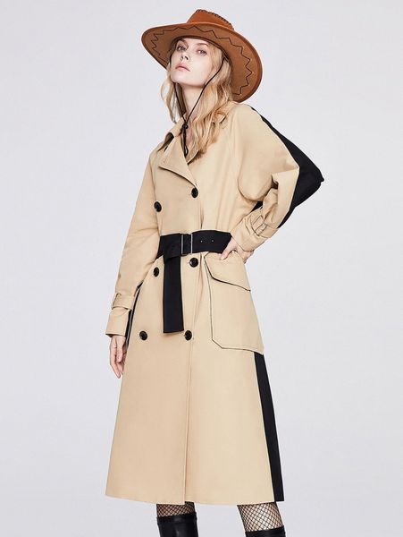 

jazzevar two tone flap pocket double breasted buckled belted trench coat d4sv#, Tan;black