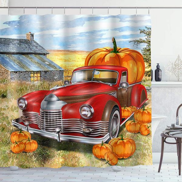 

farmhouse thanksgiving shower curtains retro red harvest truck with pumpkins halloween fall waterproof polyester fabric 60 x 72