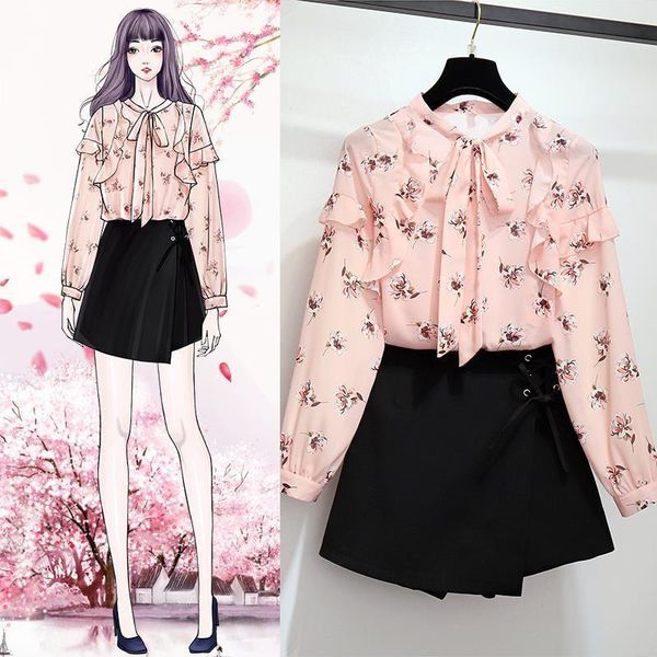 

two piece dress spring autumn women sweet 2 girls floral print blouse and mini skirt suits female fresh chiffon sets, White