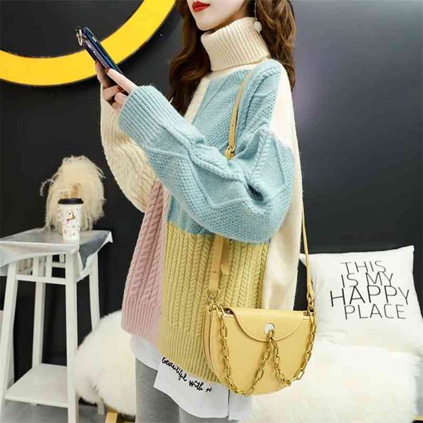 

autumn and winter high-necked sweater women loose thick outerwear french lazy coat tide 210427, White;black