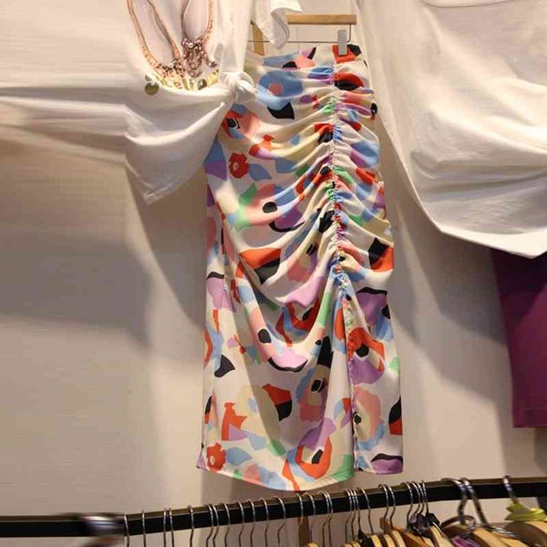 

spring summer print slim skirts womens korean fashion high waist shirring faldas mujer a-line all match femme jupe 210514, Black