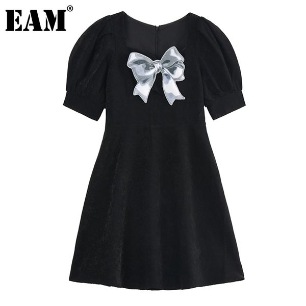 

[eam] women black casual bow pleated dress square neck puff short sleeve loose fit fashion spring summer 1dd7887 210512, Black;gray