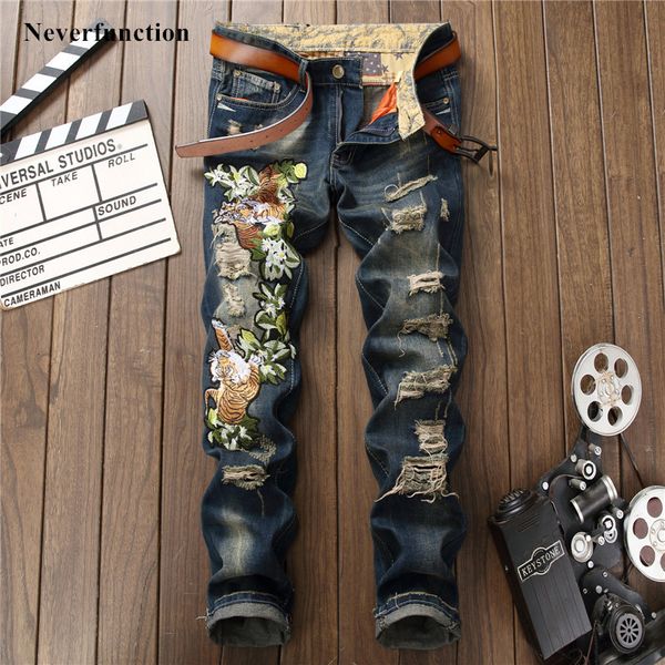 

jeans men vintage ripped tiger embroidery streetwear slim fit trousers holes destroyed casual cotton joggers denim, Blue