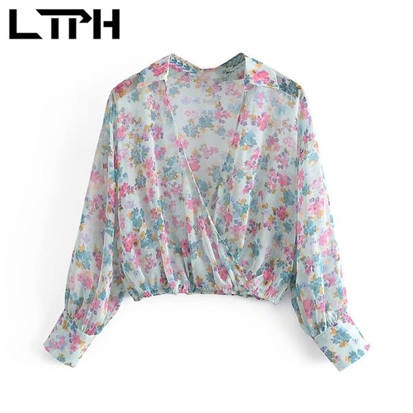 

ltph resort style floral print chiffon blouse fashion cross v-neck loose long sleeve vintage blouses summer 210423, White