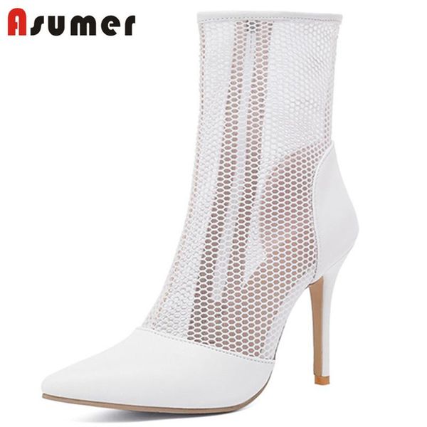 

boots asumer 2021 arrive high heels summer mesh pointed toe zipper party wedding shoes women ankle big size 47, Black