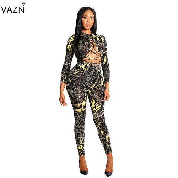 

women's jumpsuits & rompers vazn autumn 2021 party style women long retro o-neck full sleeve hollow out lady skinny romper cm271, Black;white