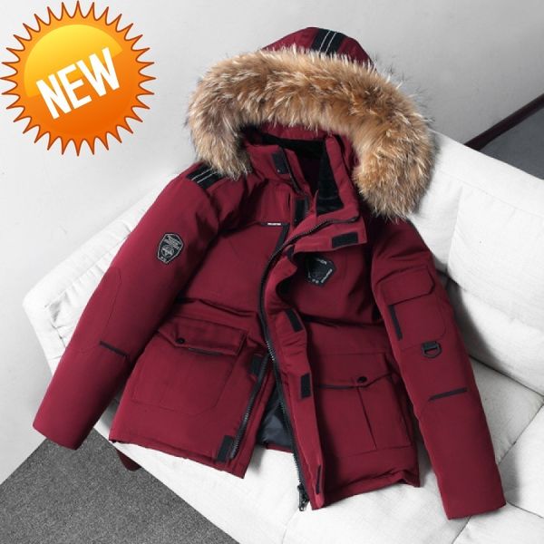 

2021 winter duck down parka mens thicken warm jacket classic casual hooded coat male fur collar men's mid-length windbreaker, Black