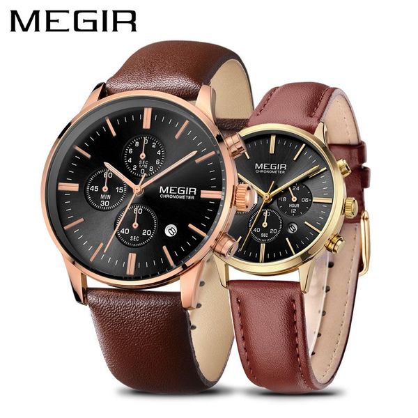 

wristwatches megir brand quartz watch men causal leather chronograph watches lovers time set relojes para hombre erkek saat, Slivery;brown