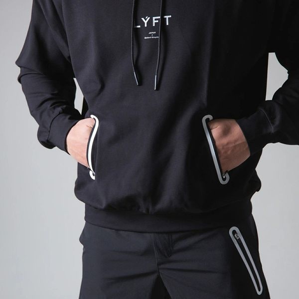 

new fitness sports sweater men's casual large solid color zipper bag hooded pullover sweater, Black