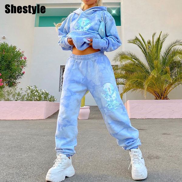 

shestyle blue hoodies tracksuits women tie dye pockets loose casual autumn hat winter 2 two pieces set sporting outwear 2021by, Black;white