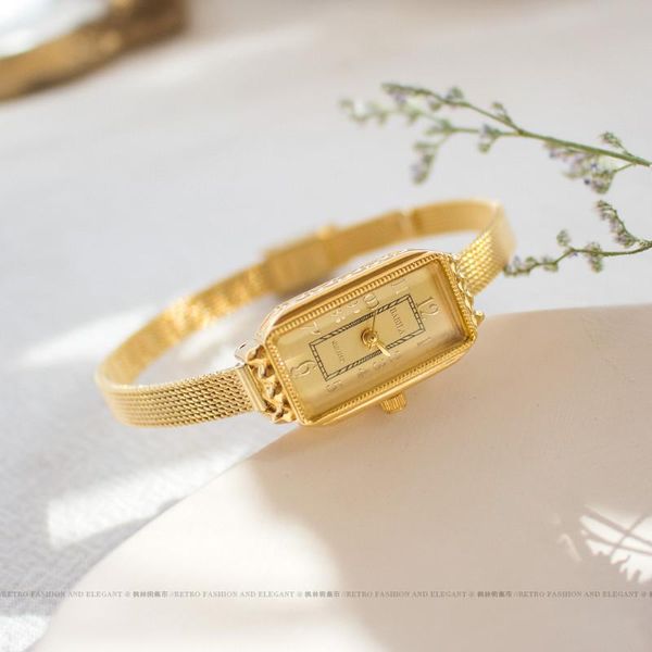 

exquisite light luxury slim band watch women ins style simple literary small gold retro square waterproof wristwatches, Slivery;brown