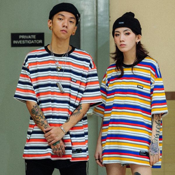 

men's t-shirts striped t-shirt trendy streetwear harajuku summer street hip hop loose retro couple personality cotton short sleeve, White;black