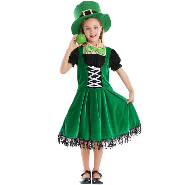 Maskottchen-Puppenkostüm für Kinder, Mädchen, St. Patricks Day, Irland, irischer Kobold, Elfenkostüm, grünes Geisterkleid, Hut-Set, Halloween-Outfits