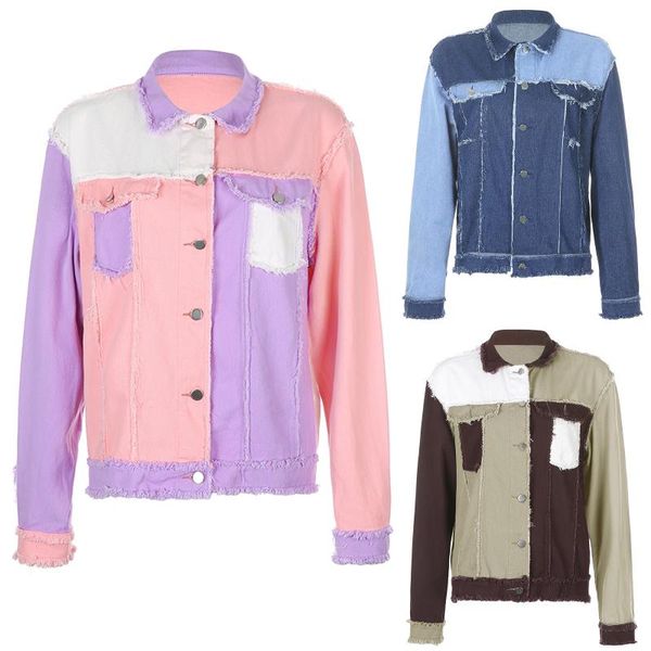 

women's jackets 2021 denim jacket women stitching color matching loose chaquetas mujer coat long sleeve outerwear veste femme, Black;brown