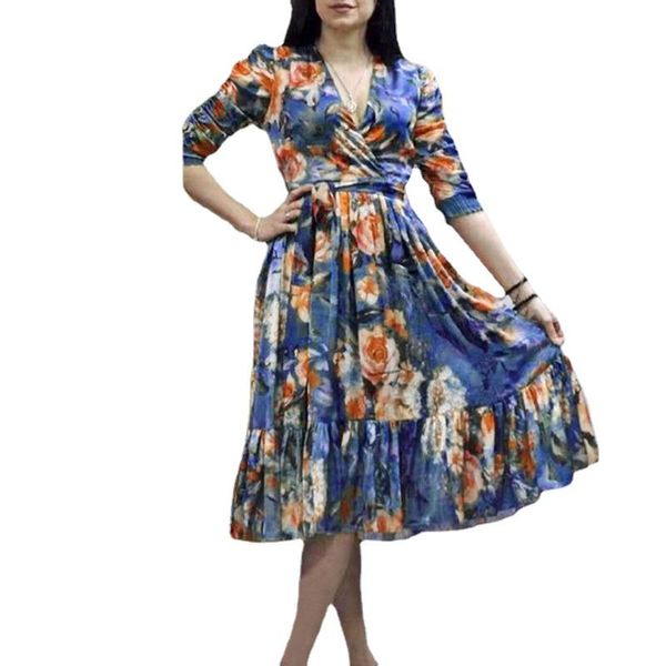 

casual dresses african 2021 summer v-neck fashion printing high waist temperament chiffon women's dress oversize 7-point sleeve, Black;gray