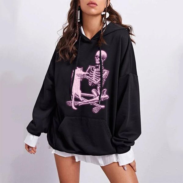 

women's hoodies & sweatshirts gothic street wear flame skull pullover sweatshirt jacket ulzzang hip-hop punk harajuku casual print loos, Black