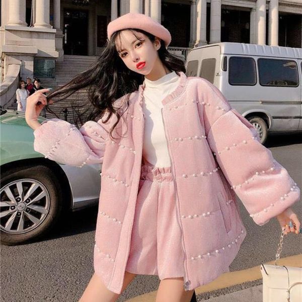 

women's tracksuits winter women 2 piece set fashion velvet cotton parkas+ high waist shorts suits pearls pink matching outfits fleece s, Gray