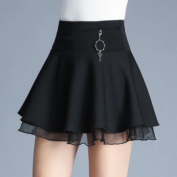 

skirts fashionable stretch mesh stitching ladies miniskirt summer high waist pleated skirt anti-exhaust, Black