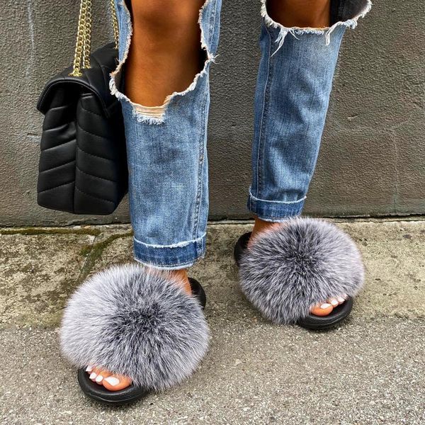 

women fur slides genuine raccoon fluffy slippers furry flat sandals indoor flip flops plush designer shoe, Black
