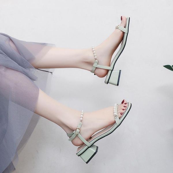 

sandals summer fashion and elegant -selling pearl one-word buckle square heel ladies simple solid color open toe high heels., Black