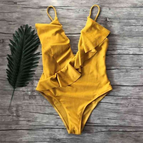 Swimsuit Sexy Mulheres Swimwear Push Up Monokini Ruffle Banhando Maçaneta Cintura Alta Praia Wear Yellow Fundido Feminino 210520