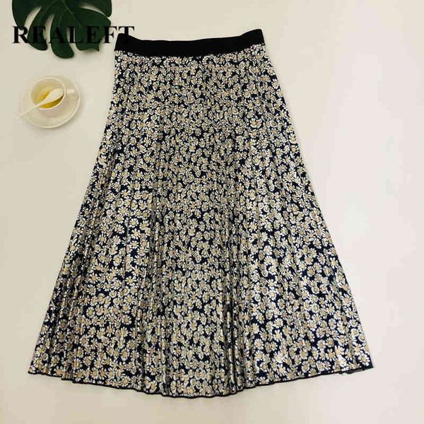 

arrival women's skirt daisies printed elegant pleated long skirts high waist harajuku tulle a-line mid-calf 210428, Black