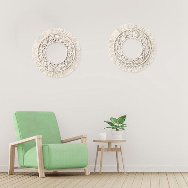 

window stickers wall-mounted mirror lace fringe 2 sets of small round decorative boho hand-woven frame