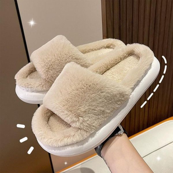 

slippers winter women's thick-bottomed fur furry for home soft platform shoes 2021 indoor house warm cotton, Black