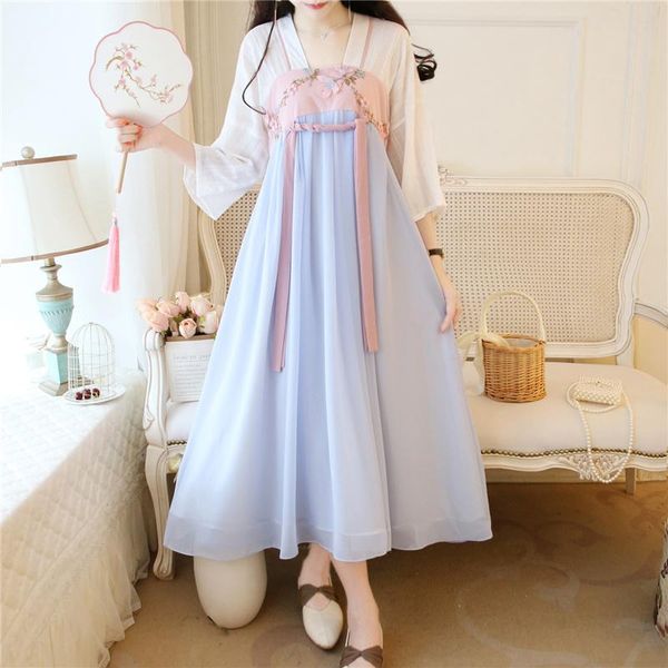 

casual dresses women elegant hanfu chiffon long dress chinese style retro print fairy embroidered party vestidos robe femme, Black;gray